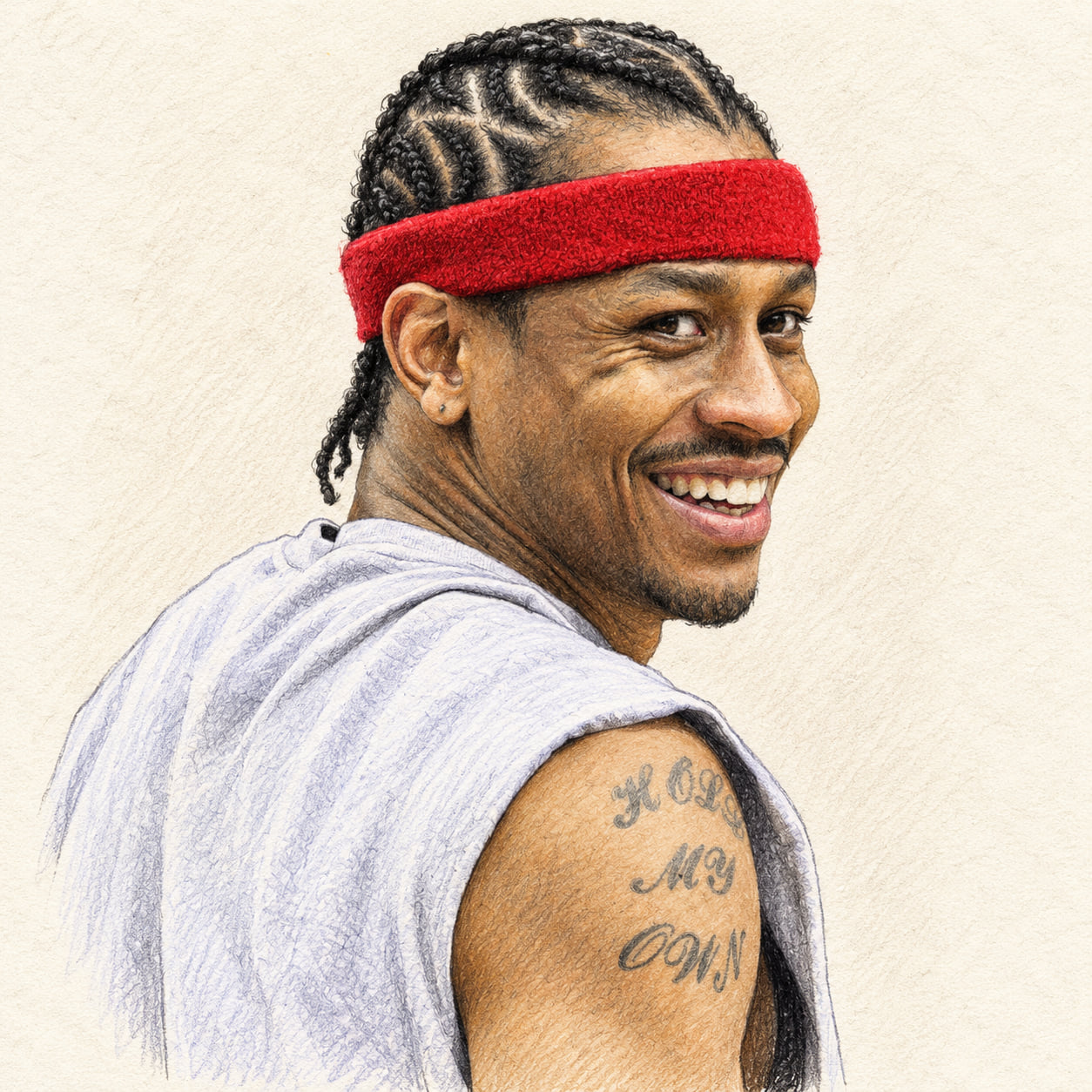 AI-generated pencil-and-ink drawing of Allen Iverson, based on a credited source photograph