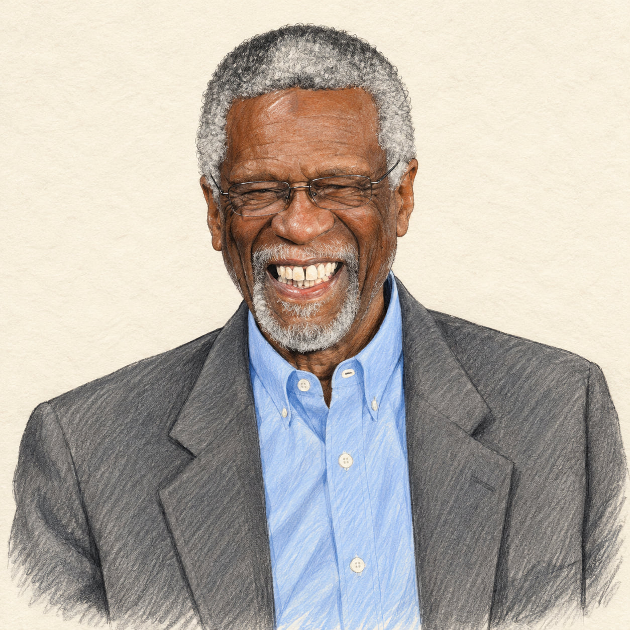 AI-generated pencil-and-ink drawing of Bill Russell, based on a credited source photograph