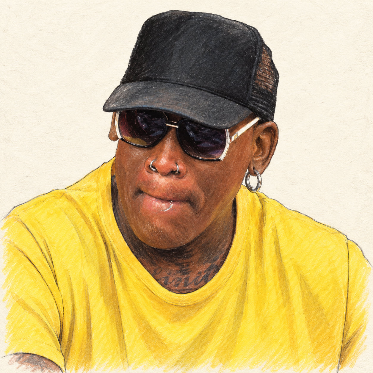 AI-generated pencil-and-ink drawing of Dennis Rodman, based on a credited source photograph