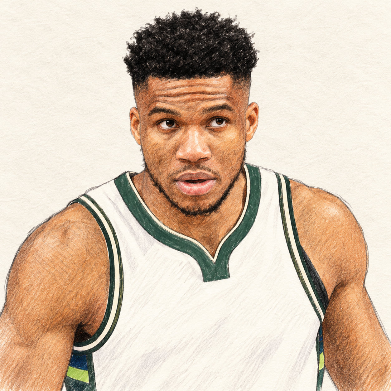AI-generated pencil-and-ink drawing of Giannis Antetokounmpo, based on a credited source photograph