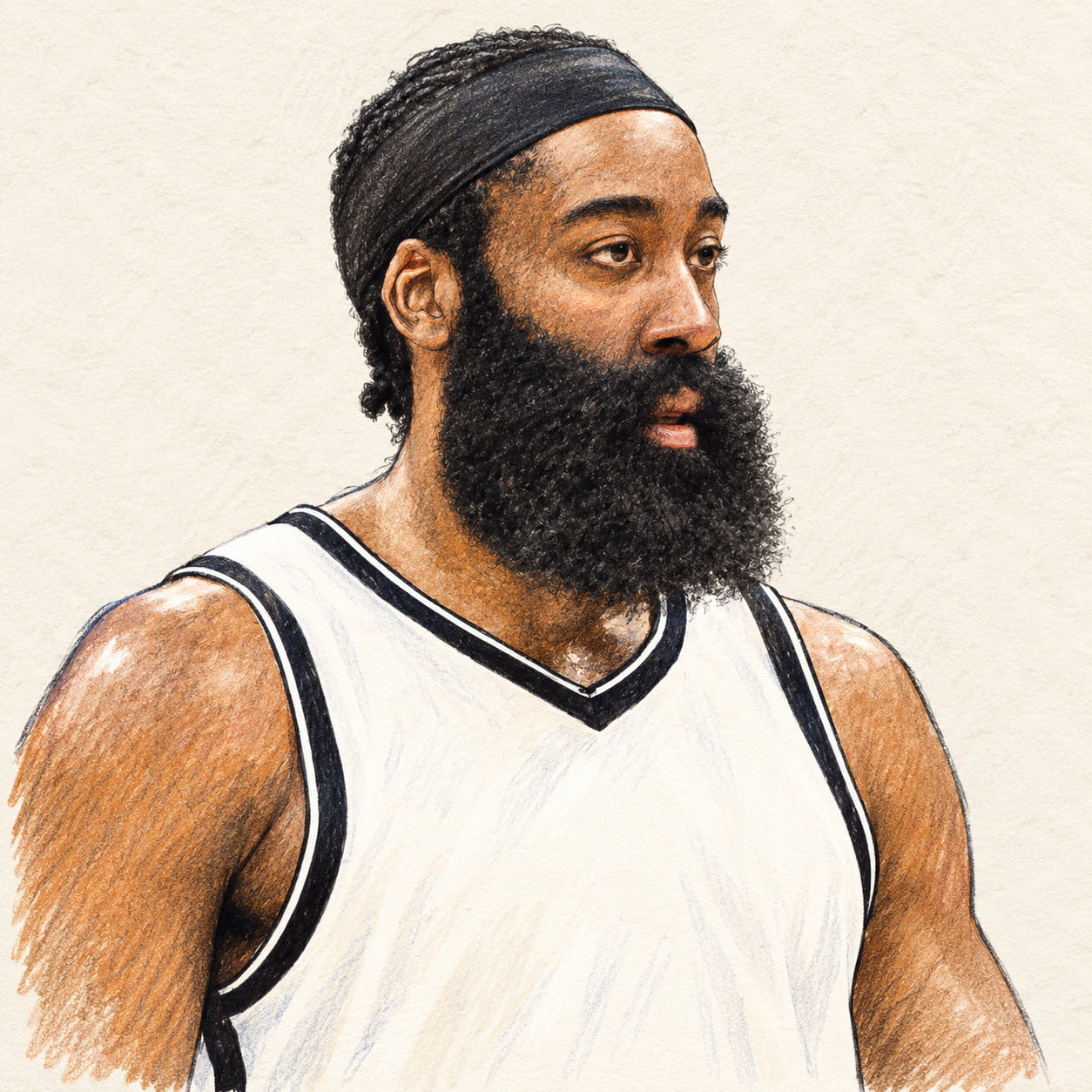AI-generated pencil-and-ink drawing of James Harden, based on a credited source photograph