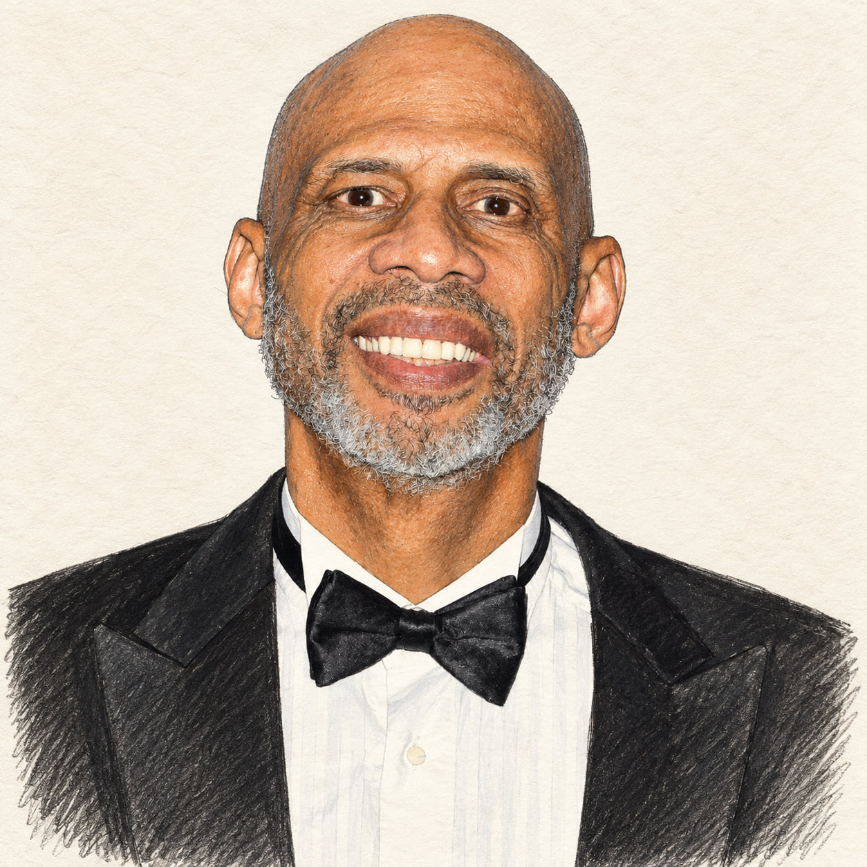 AI-generated pencil-and-ink drawing of Kareem Abdul-Jabbar, based on a credited source photograph