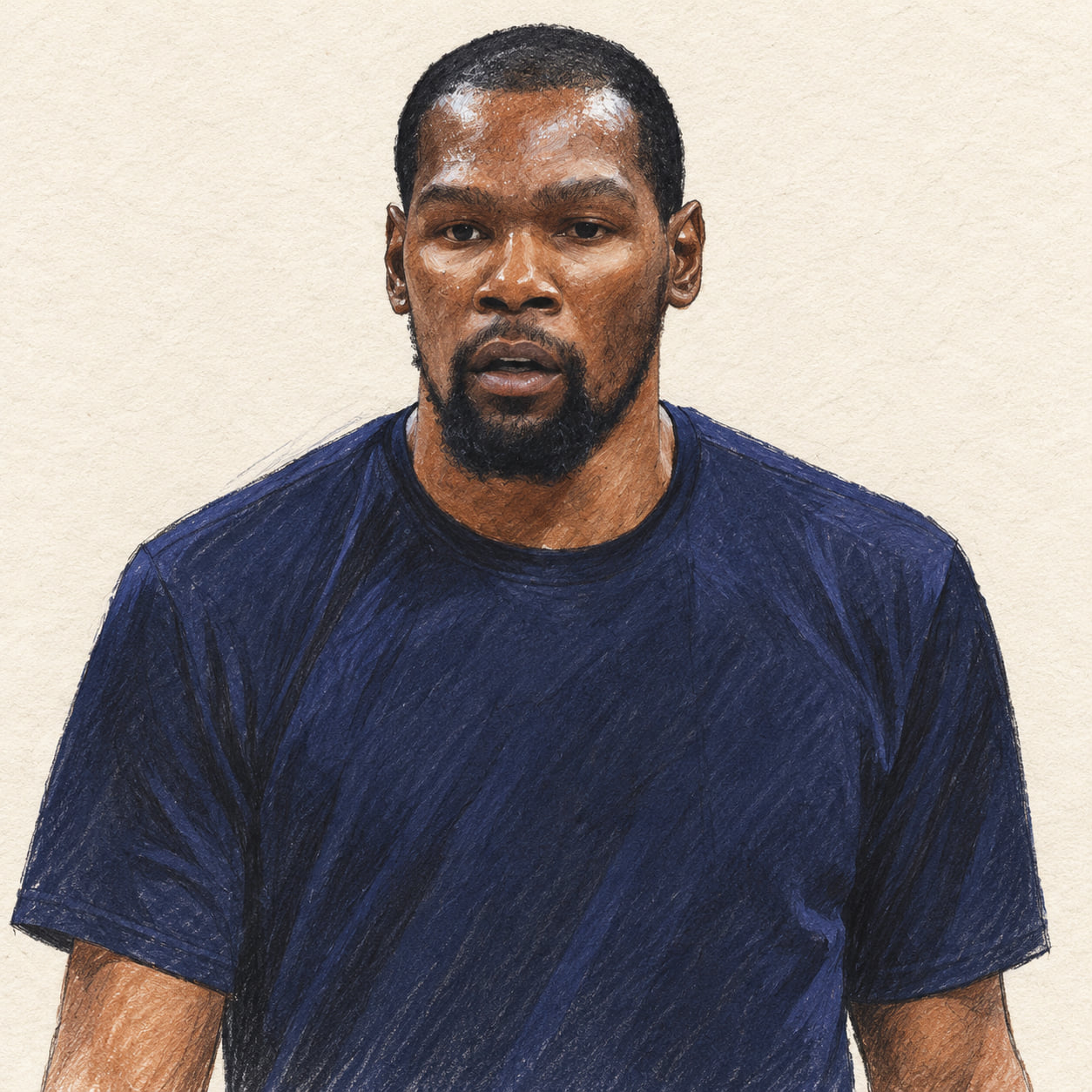 AI-generated pencil-and-ink drawing of Kevin Durant, based on a credited source photograph