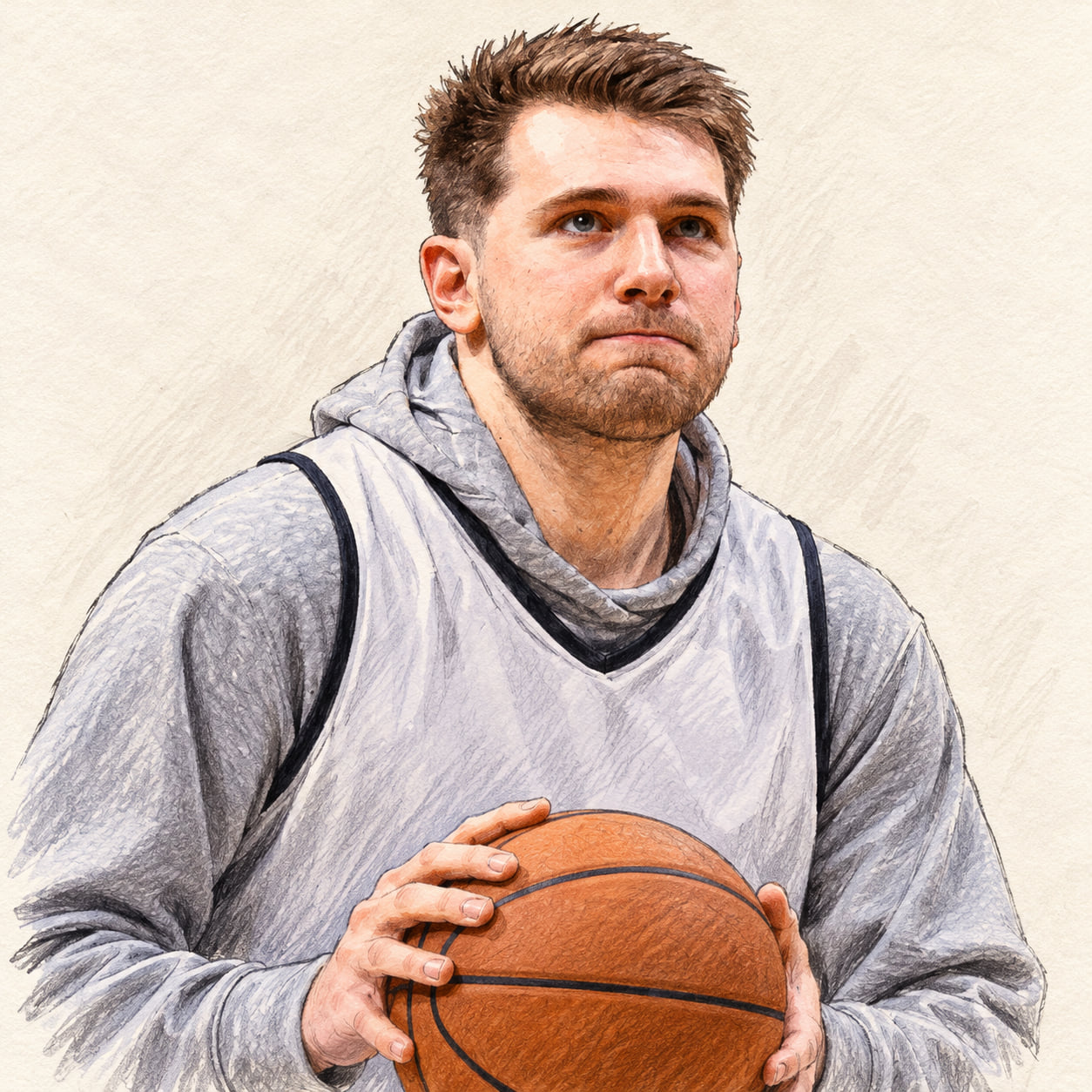 AI-generated pencil-and-ink drawing of Luka Dončić, based on a credited source photograph