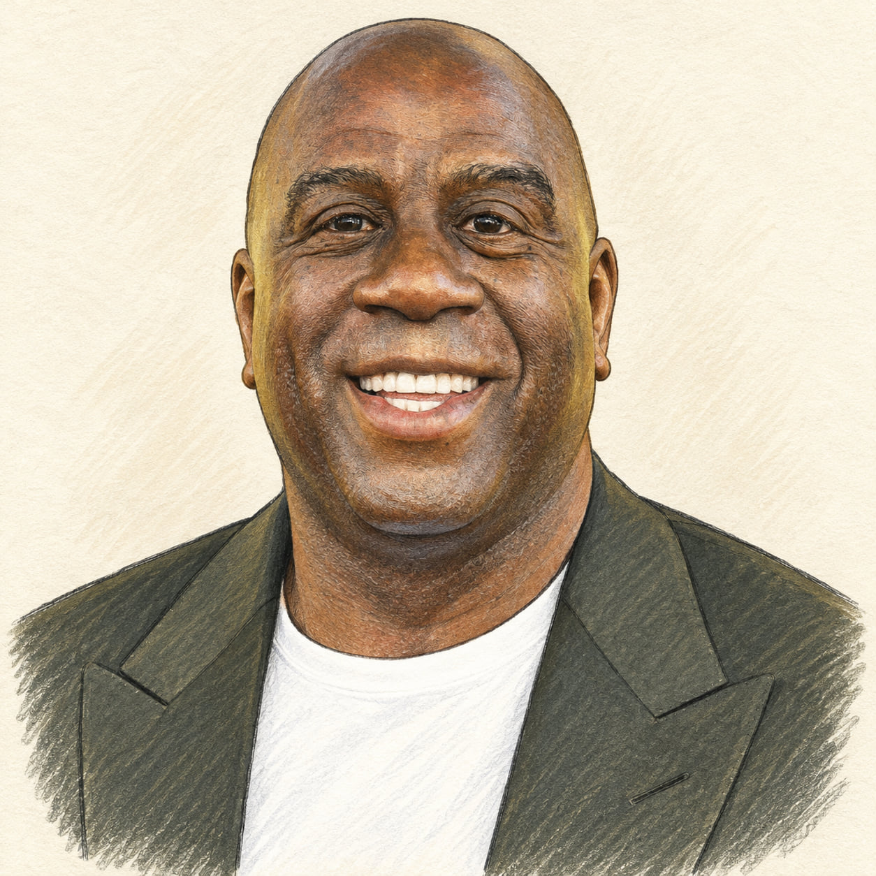 AI-generated pencil-and-ink drawing of Magic Johnson, based on a credited source photograph