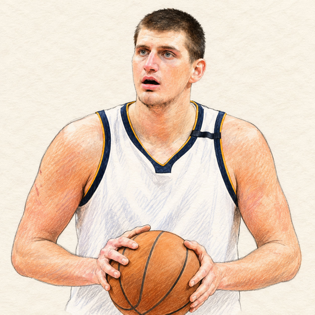 AI-generated pencil-and-ink drawing of Nikola Jokić, based on a credited source photograph