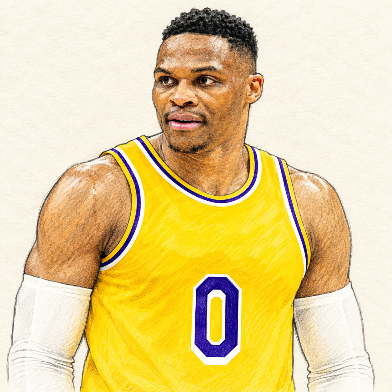 AI-generated pencil-and-ink drawing of Russell Westbrook, based on a credited source photograph