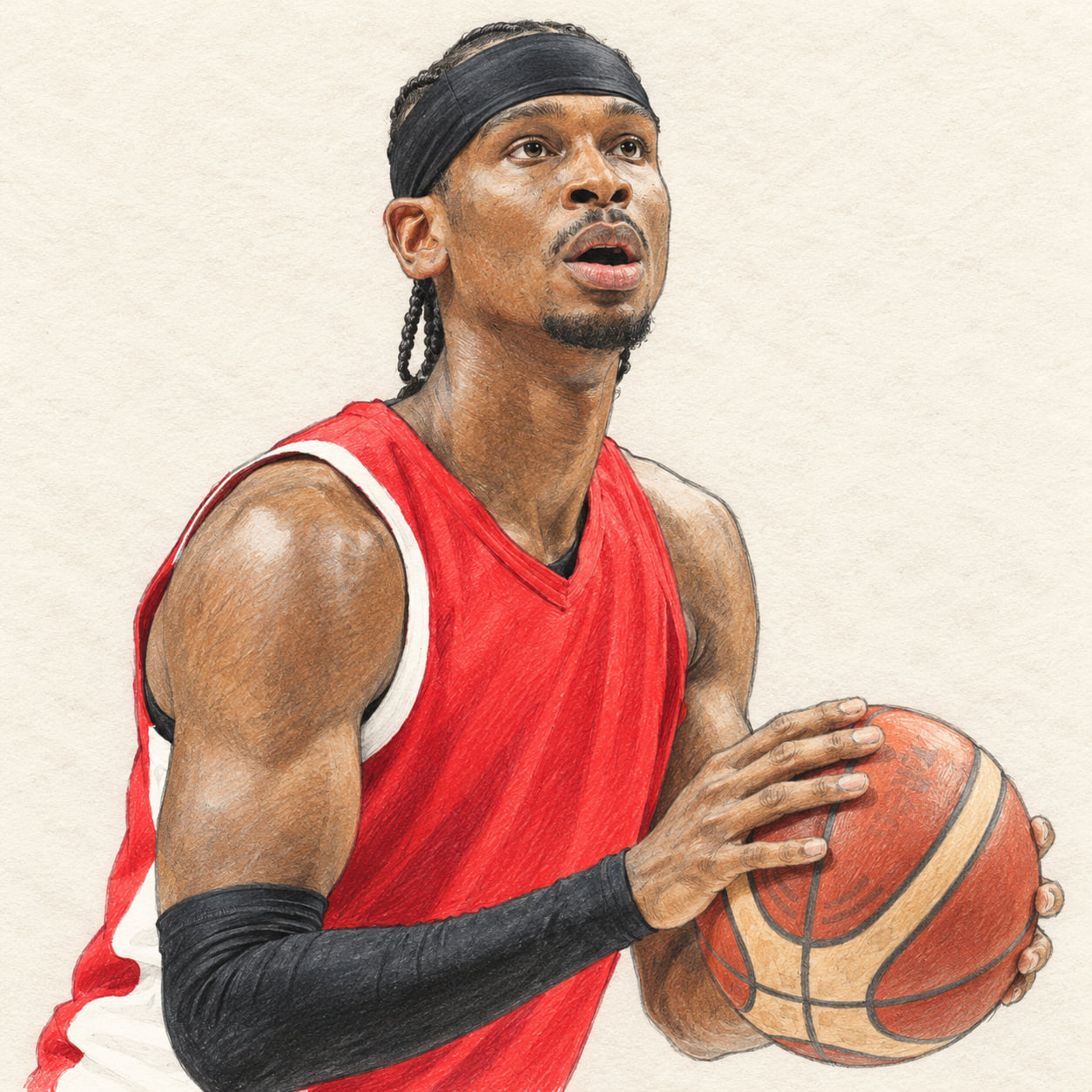 AI-generated pencil-and-ink drawing of Shai Gilgeous-Alexander, based on a credited source photograph