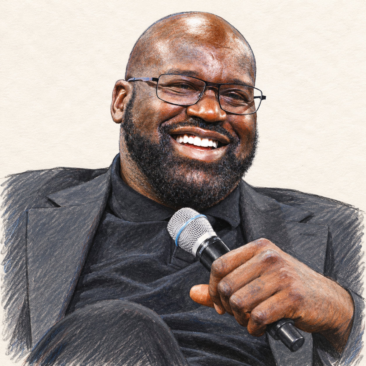 AI-generated pencil-and-ink drawing of Shaquille O'Neal, based on a credited source photograph