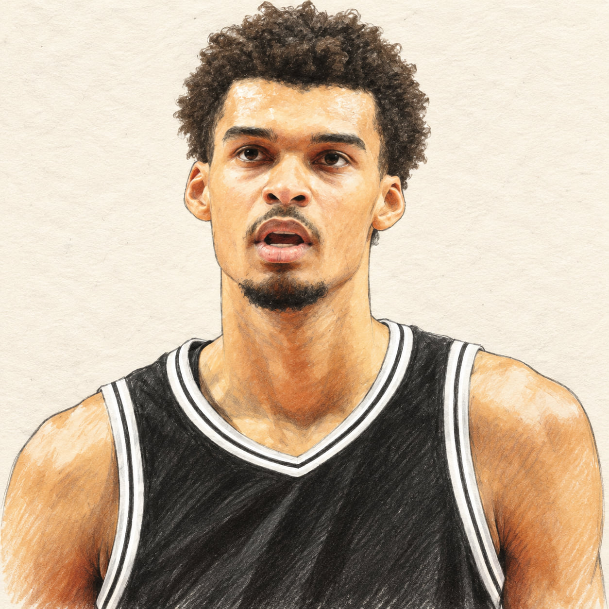 AI-generated pencil-and-ink drawing of Victor Wembanyama, based on a credited source photograph