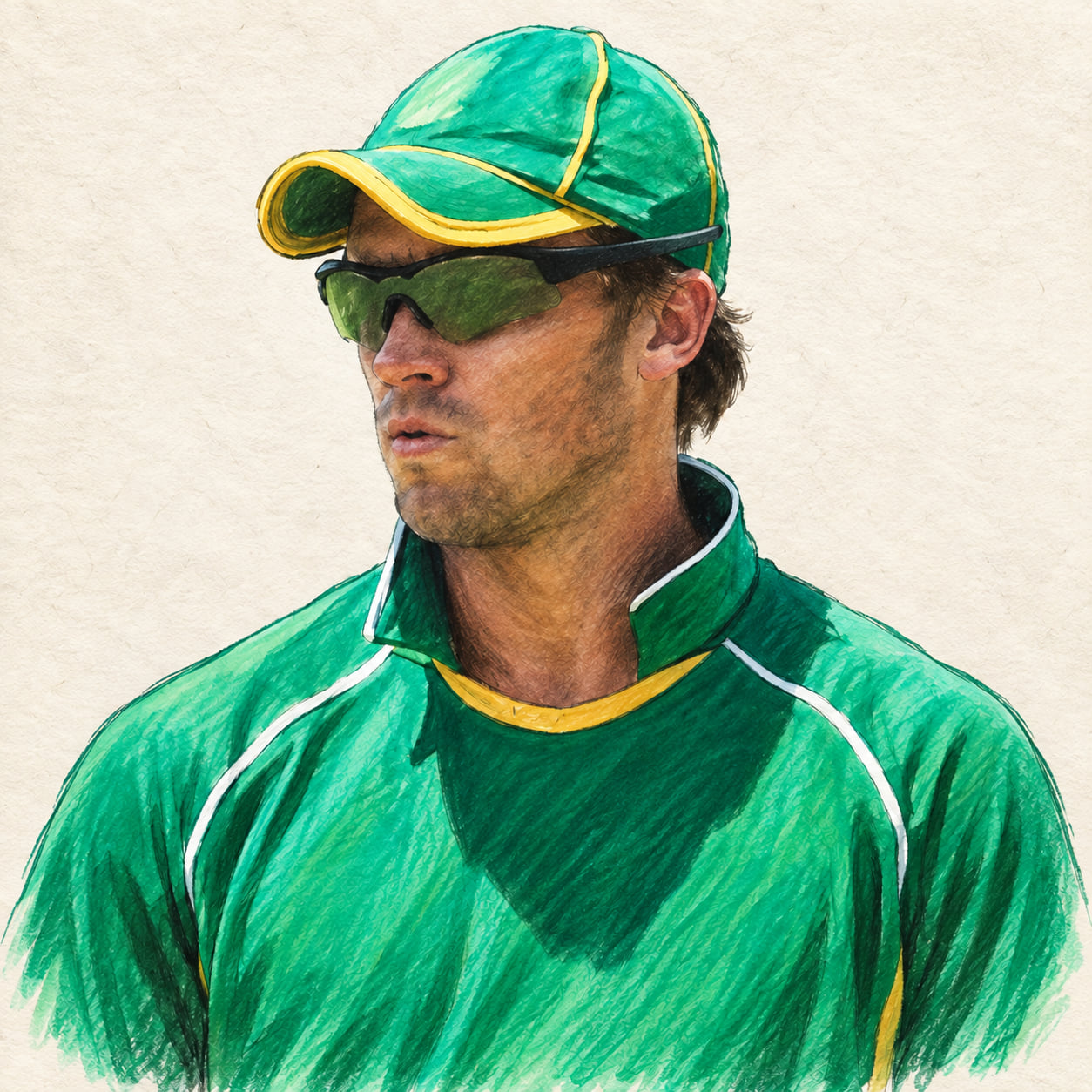 AI-generated pencil-and-ink drawing of AB de Villiers, based on a credited source photograph