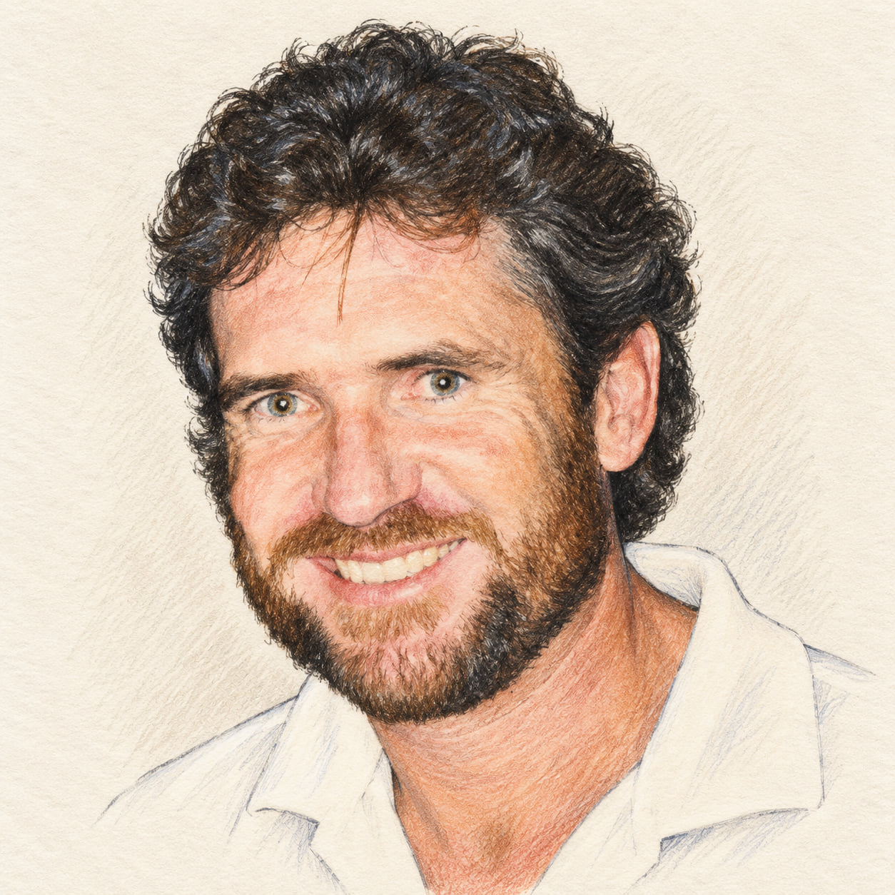 AI-generated pencil-and-ink drawing of Allan Border, based on a credited source photograph