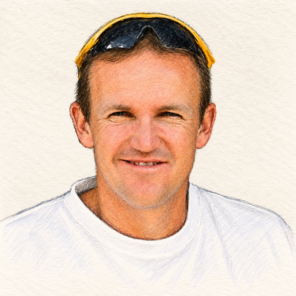 AI-generated pencil-and-gouache-style drawing of Andy Flower; not a photograph