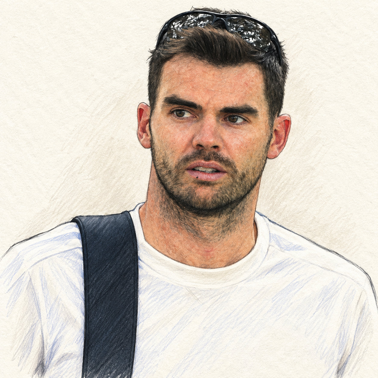 AI-generated pencil-and-gouache-style drawing of James Anderson; not a photograph