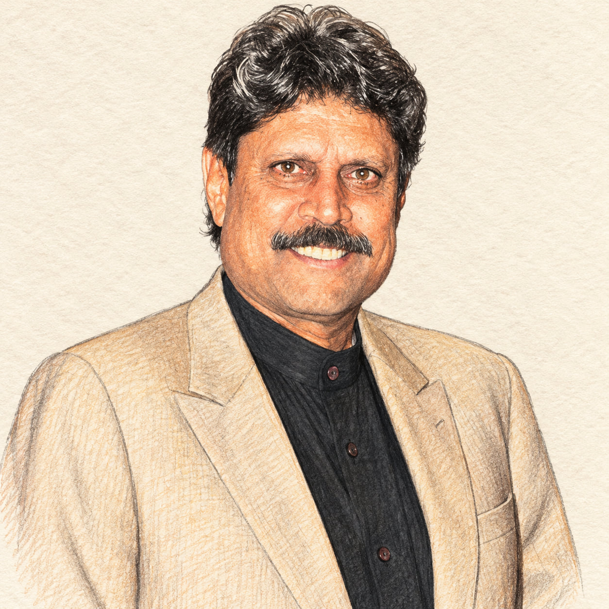 AI-generated pencil-and-ink drawing of Kapil Dev, based on a credited source photograph