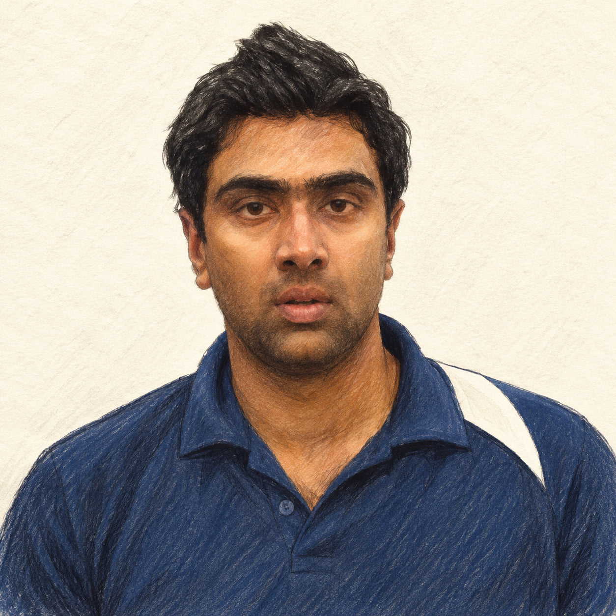 AI-generated pencil-and-ink drawing of Ravichandran Ashwin, based on a credited source photograph