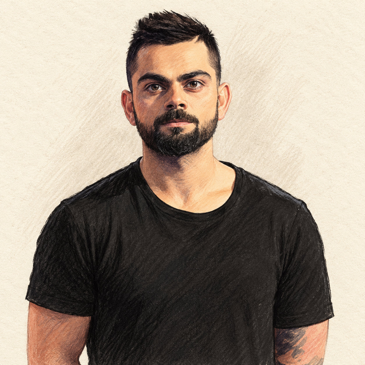 AI-generated pencil-and-ink drawing of Virat Kohli, based on a credited source photograph
