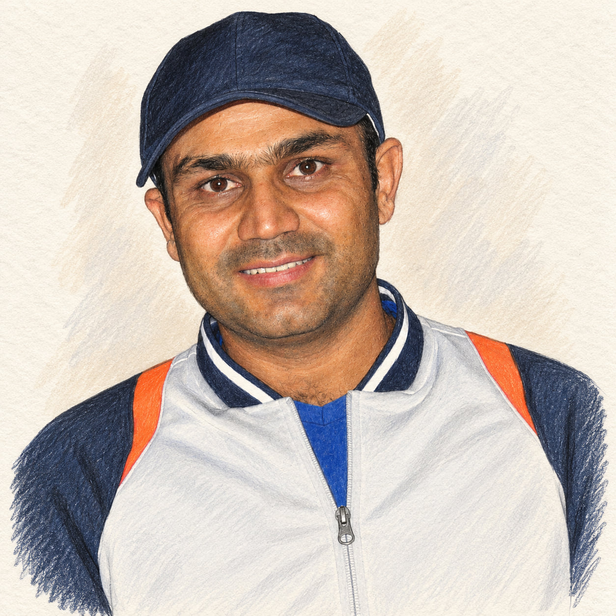 AI-generated pencil-and-gouache-style drawing of Virender Sehwag; not a photograph