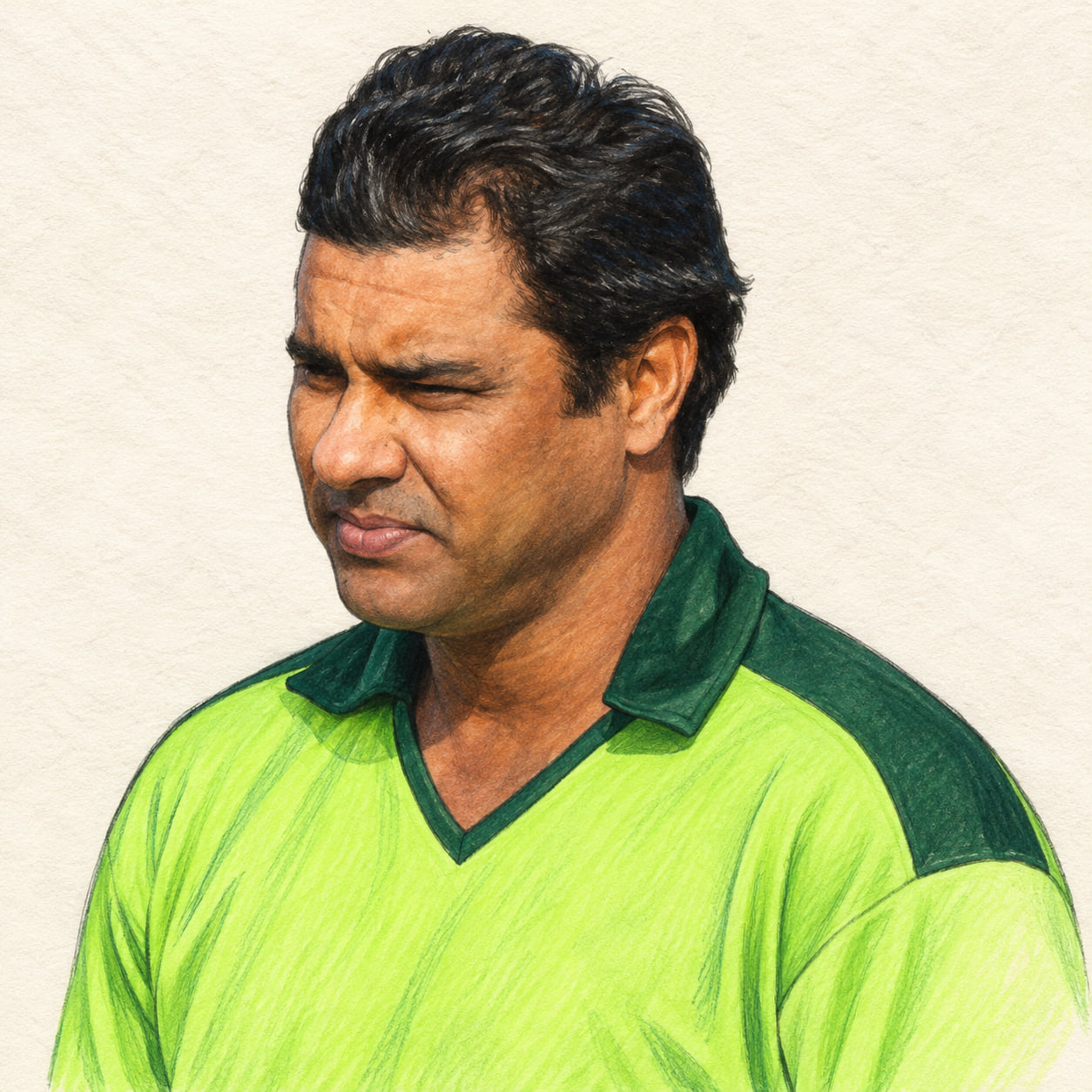 AI-generated pencil-and-ink drawing of Waqar Younis, based on a credited source photograph