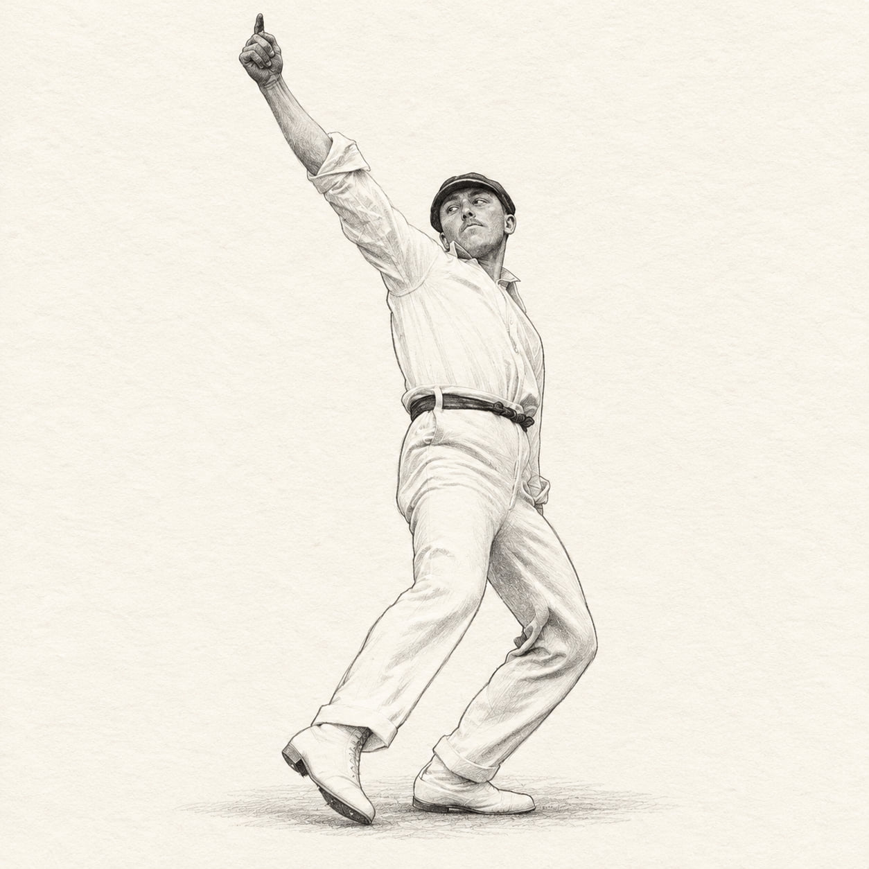 AI-generated pencil-and-ink action drawing of Wilfred Rhodes, based on a credited source photograph