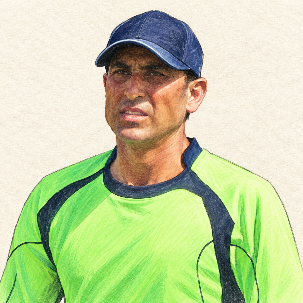 AI-generated pencil-and-gouache-style drawing of Younis Khan; not a photograph