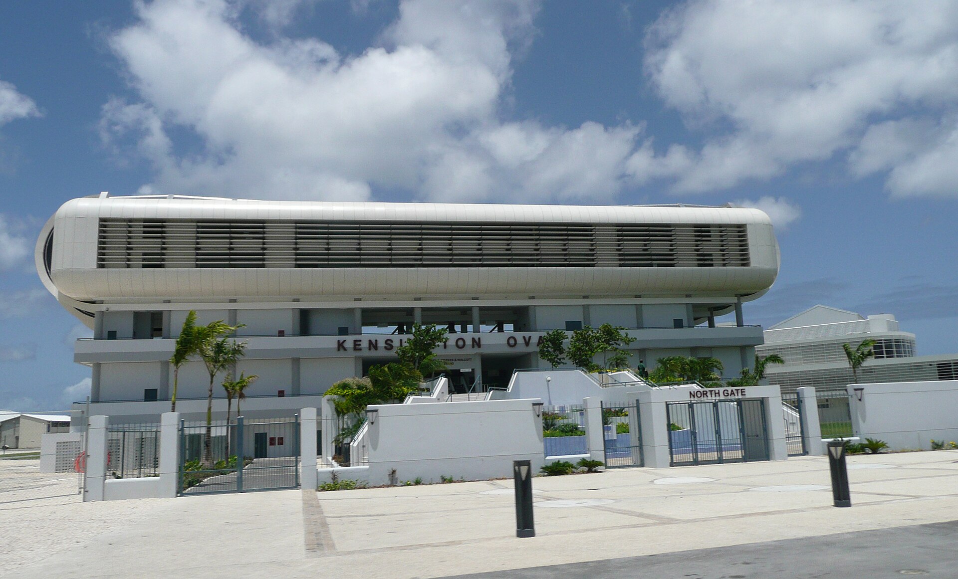 The North Gate at Kensington Oval, where one bowling end bears Malcolm Marshall's name