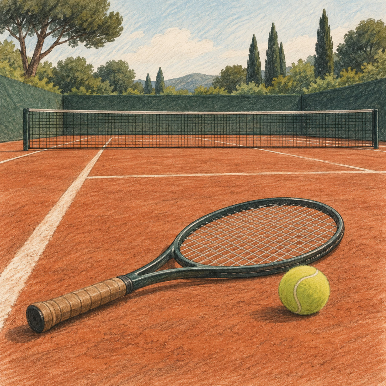 AI-generated drawing of an empty tennis court, racket and ball; not a portrait of Madison Keys