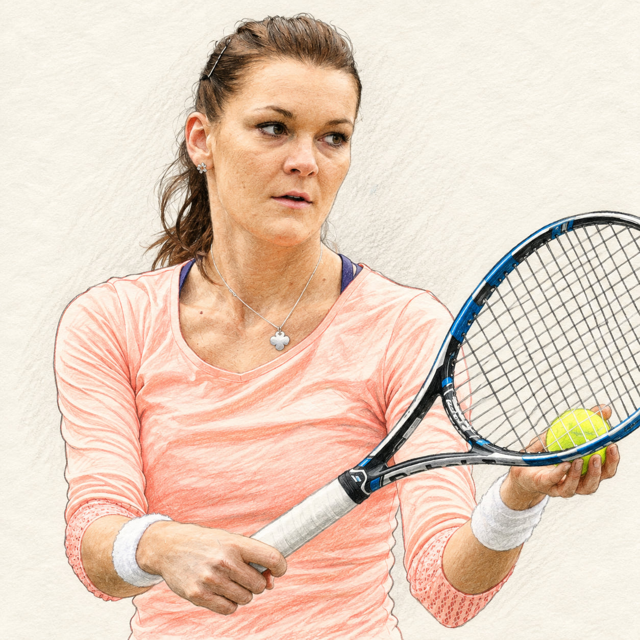 AI-generated drawn portrait of Agnieszka Radwanska based on the credited photograph