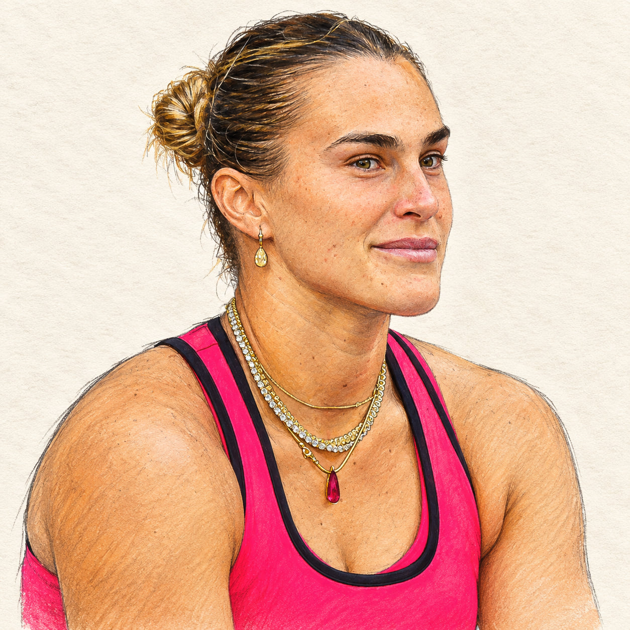 AI-generated drawn portrait of Aryna Sabalenka based on the credited photograph