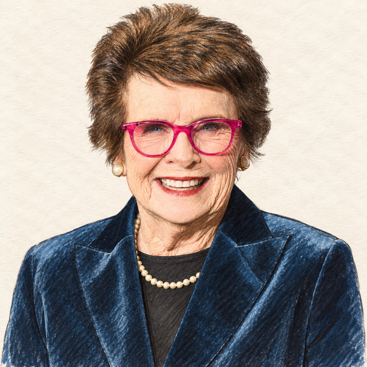 AI-generated drawn portrait of Billie Jean King based on the credited photograph