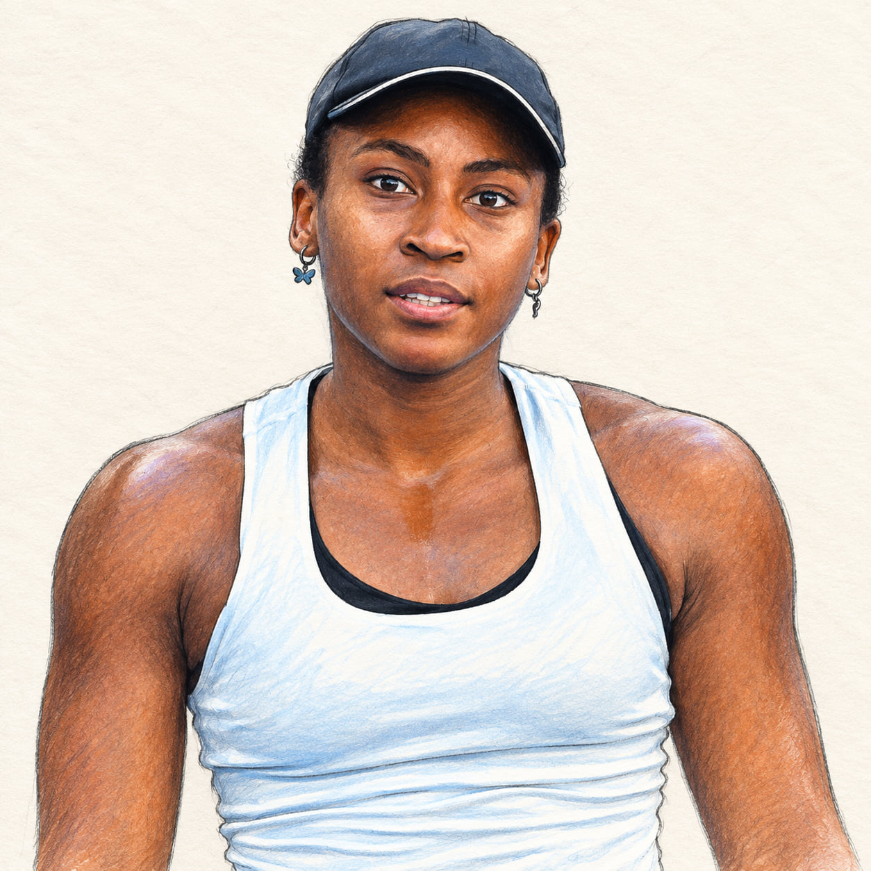 AI-generated drawn portrait of Coco Gauff based on the credited photograph