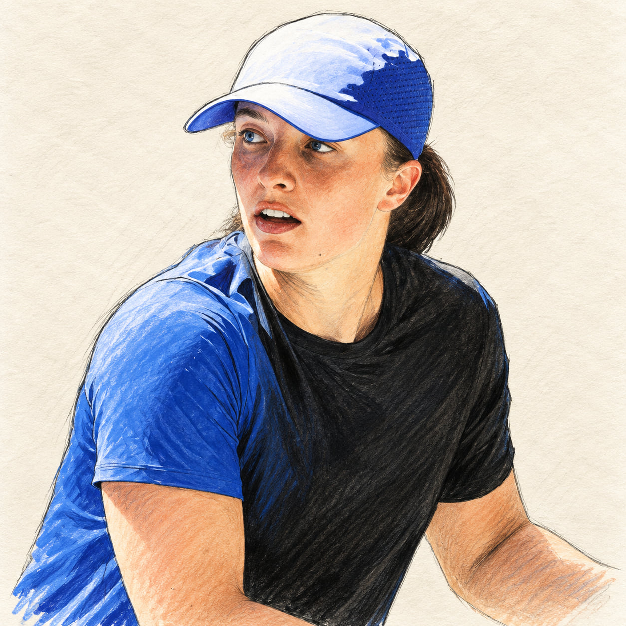 AI-generated drawn portrait of Iga Świątek based on the credited photograph