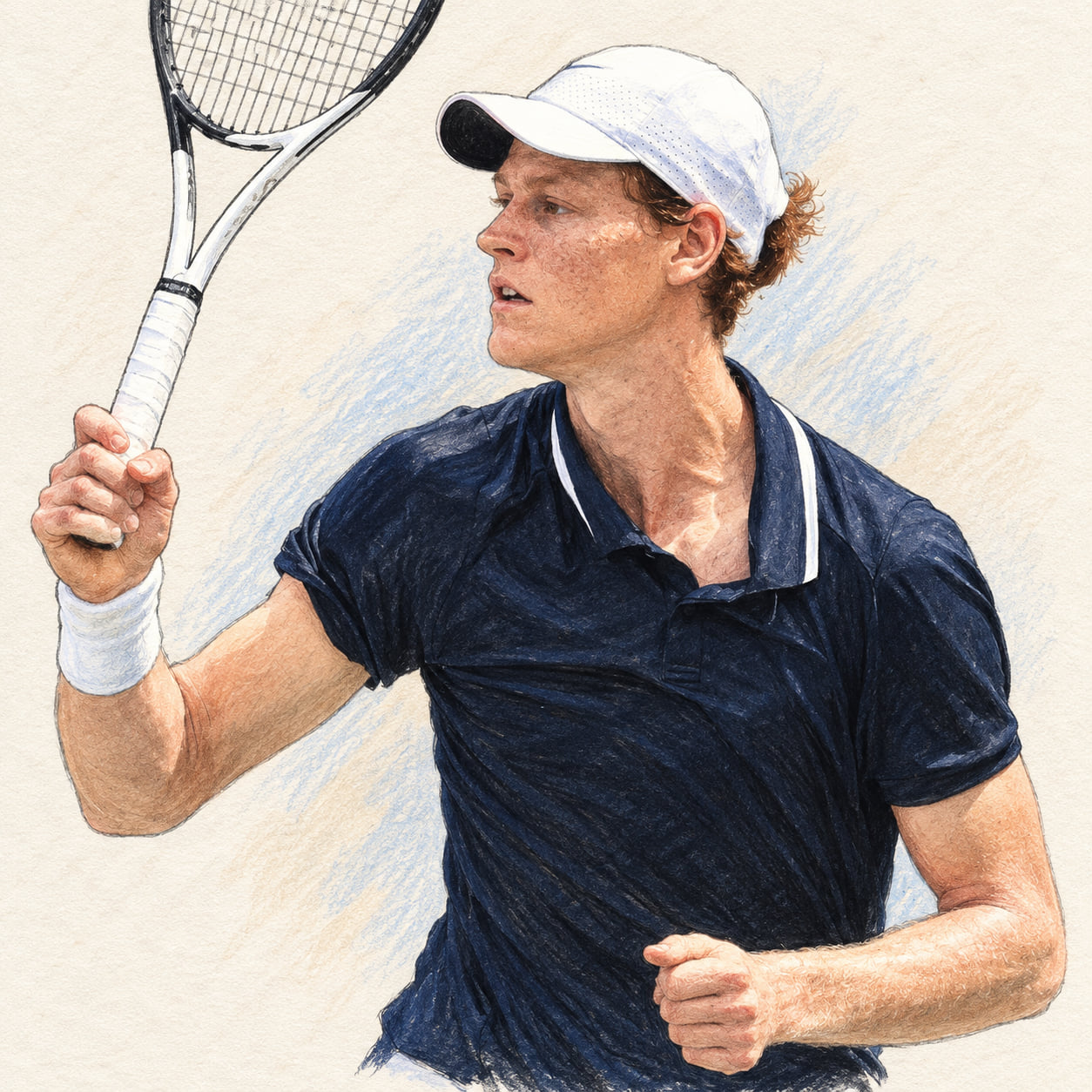 AI-generated drawn portrait of Jannik Sinner based on the credited photograph