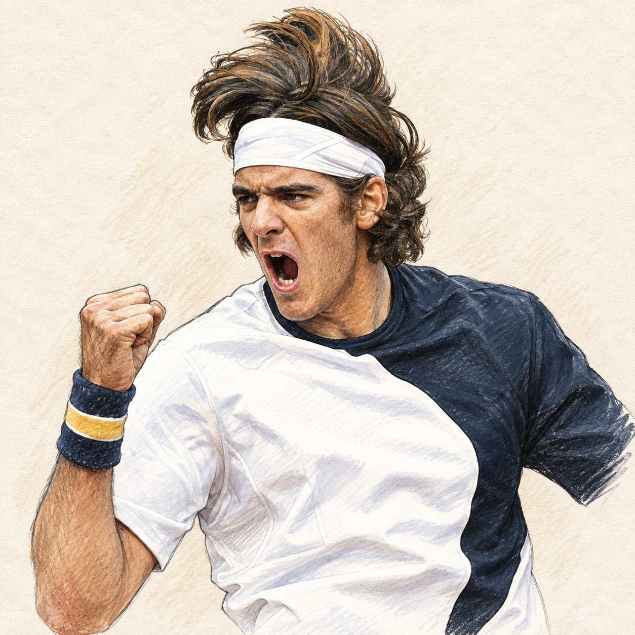 AI-generated drawn portrait of Juan Martin del Potro based on the credited photograph