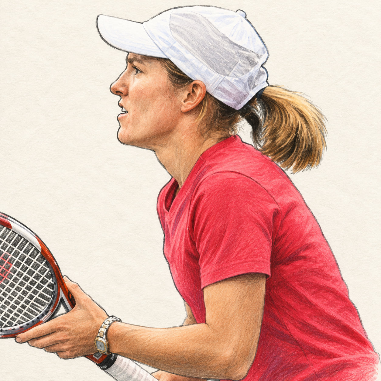 AI-generated drawn portrait of Justine Henin based on the credited photograph