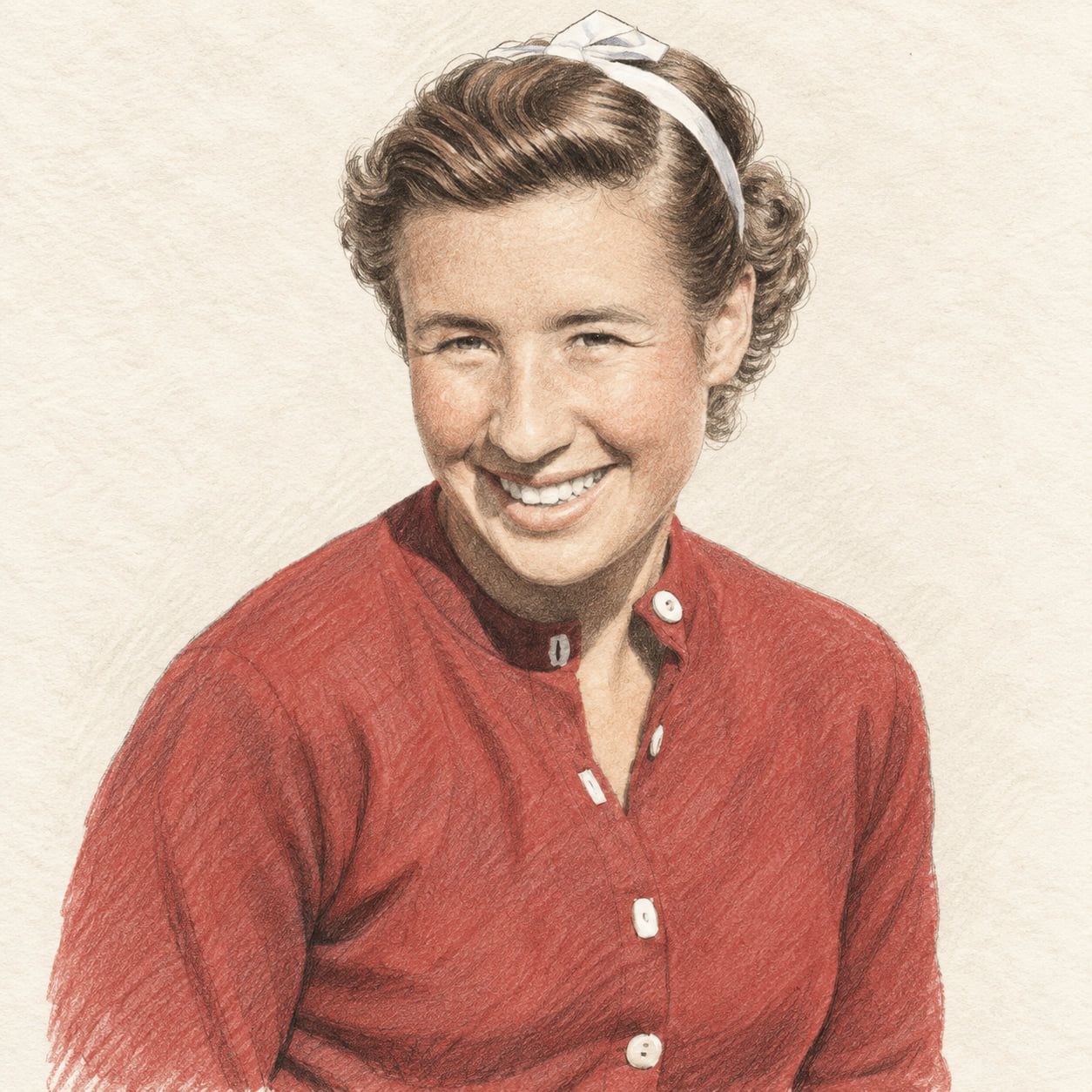 AI-generated drawn portrait of Maureen Connolly based on the credited photograph