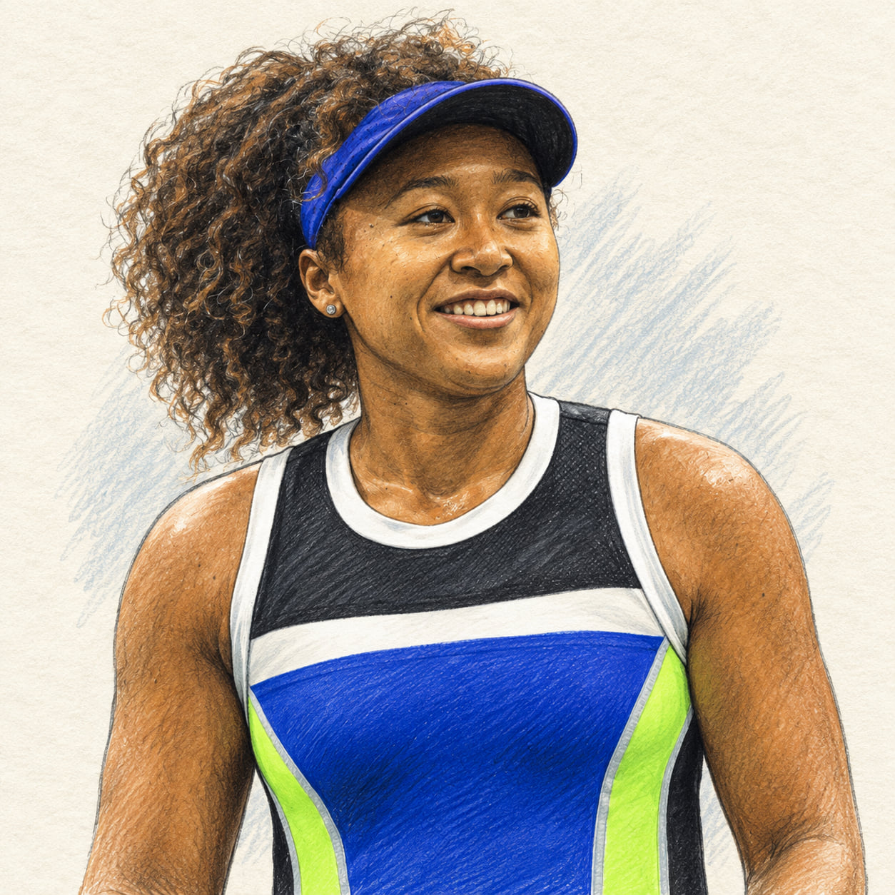 AI-generated drawn portrait of Naomi Osaka based on the credited photograph