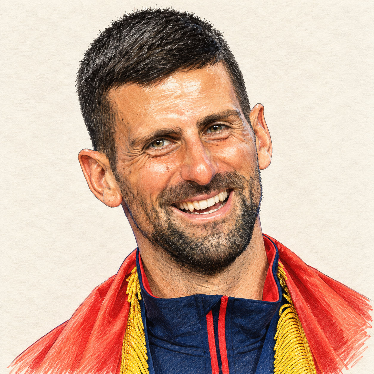 AI-generated drawn portrait of Novak Djokovic based on the credited photograph