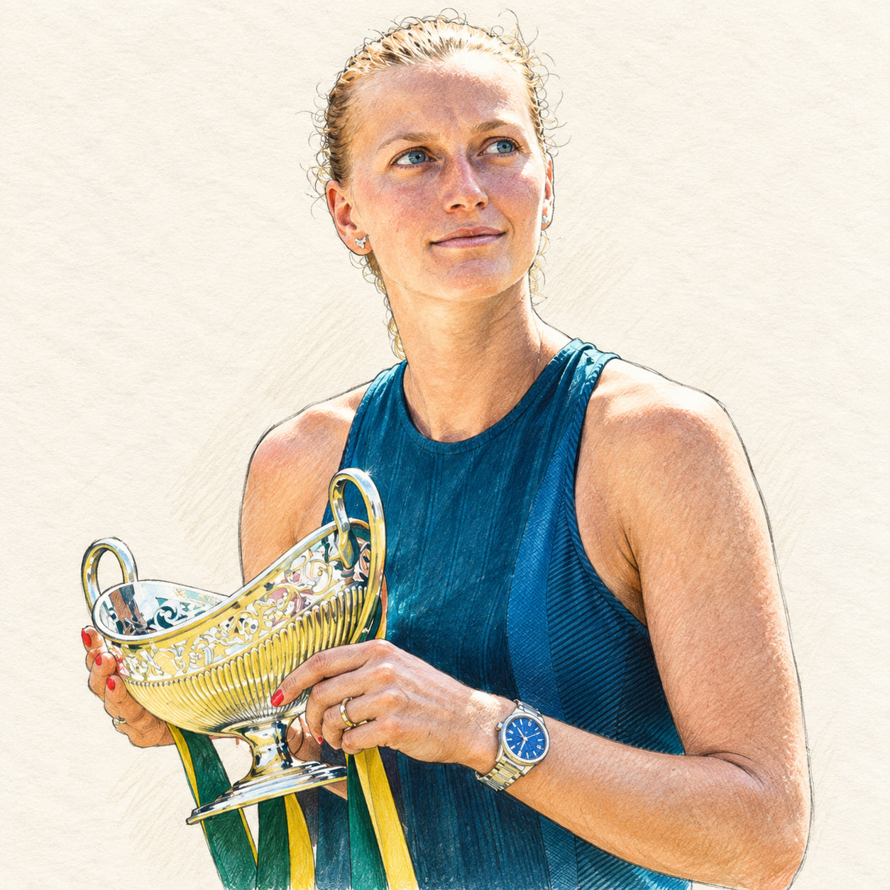 AI-generated drawn portrait of Petra Kvitová based on the credited photograph