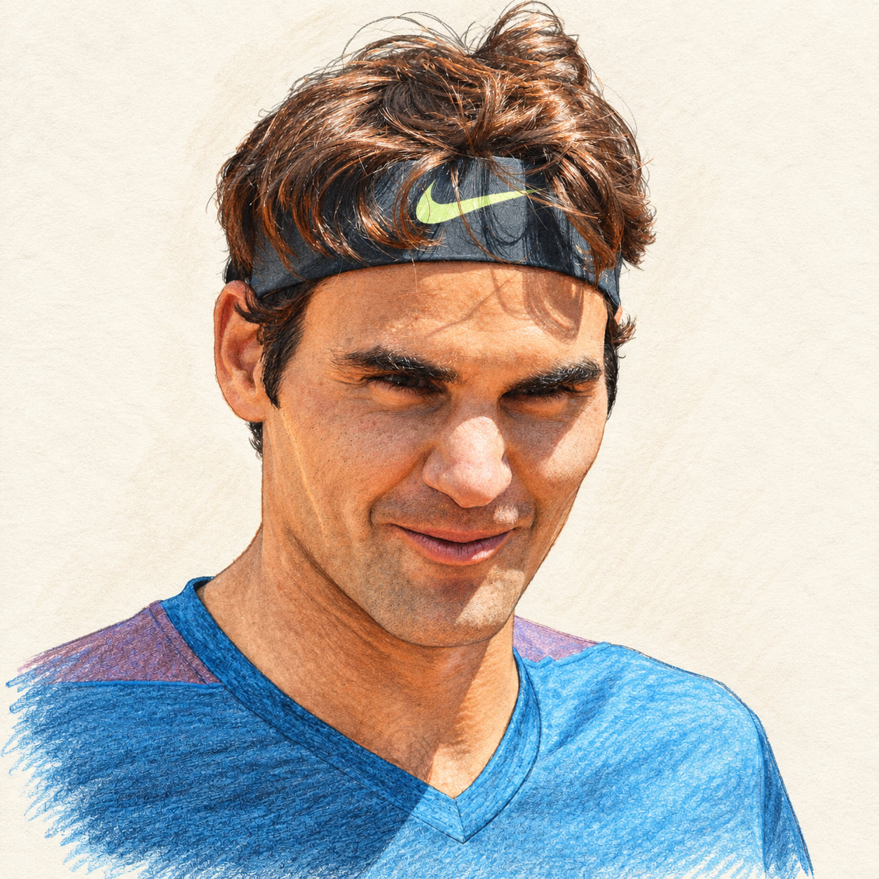 AI-generated drawn portrait of Roger Federer based on the credited photograph