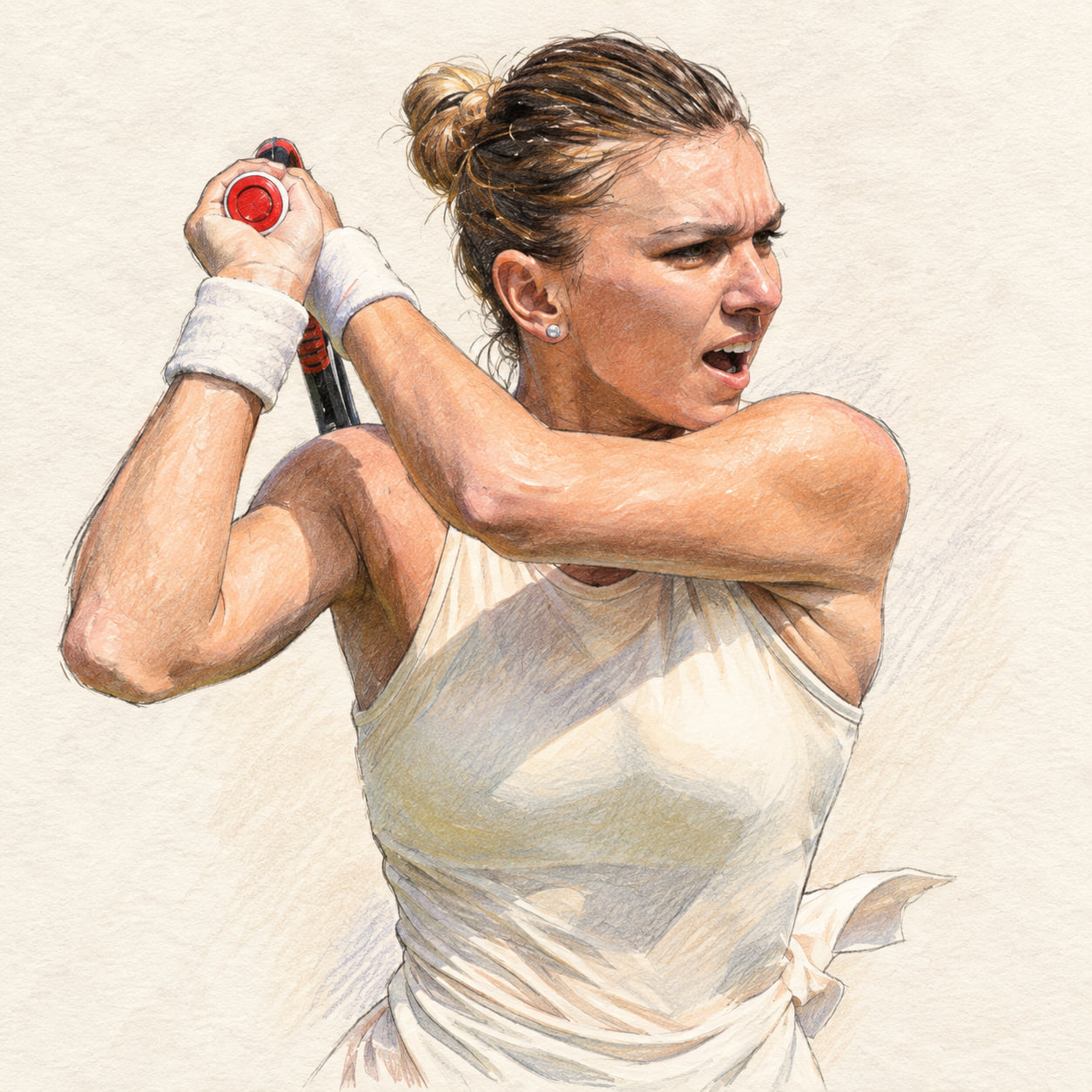 AI-generated drawn portrait of Simona Halep based on the credited photograph