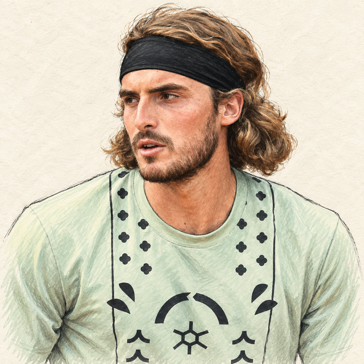 AI-generated drawn portrait of Stefanos Tsitsipas based on the credited photograph