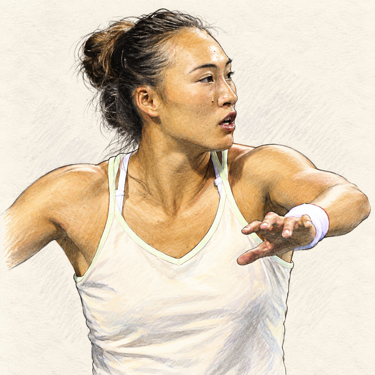 AI-generated drawn portrait of Zheng Qinwen based on the credited photograph
