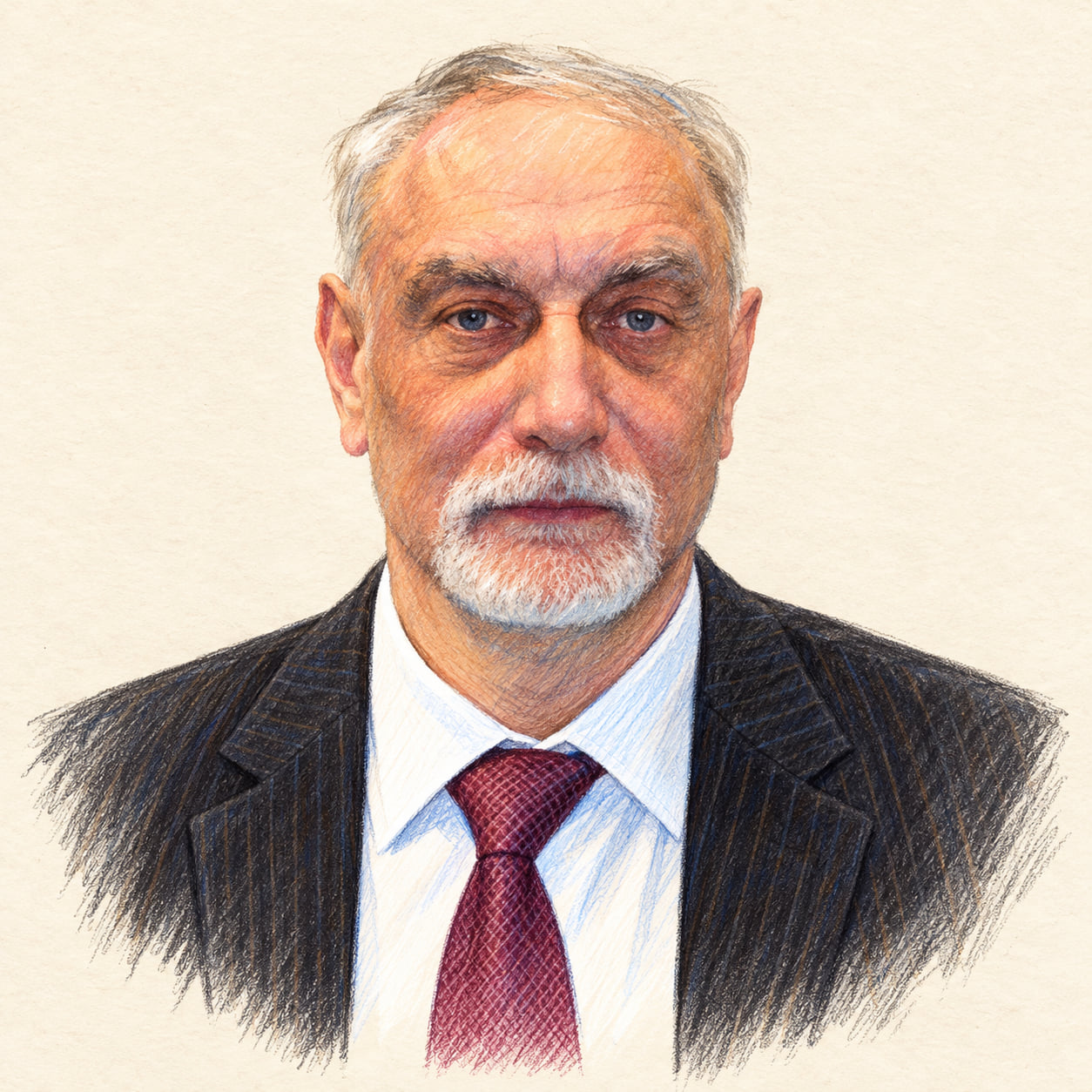 AI-generated pencil-and-ink drawing of Aleksandr Savin, based on a credited source photograph