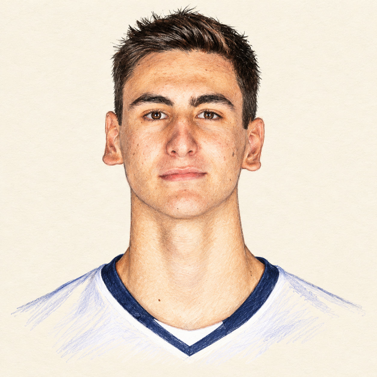 AI-generated pencil-and-ink drawing of Alessandro Michieletto, based on a credited source photograph