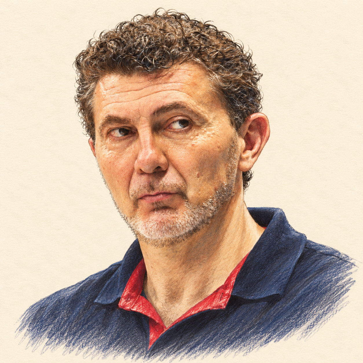 AI-generated pencil-and-ink drawing of Andrea Gardini, based on a credited source photograph