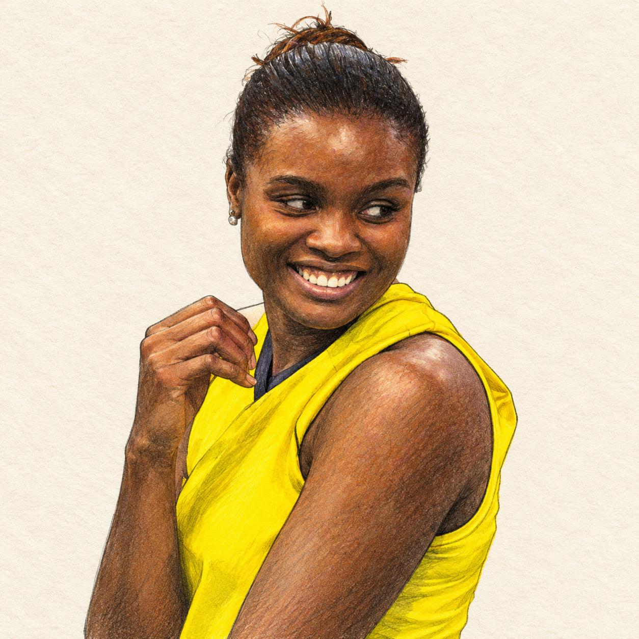 AI-generated pencil-and-ink drawing of Fabiana Claudino, based on a credited source photograph
