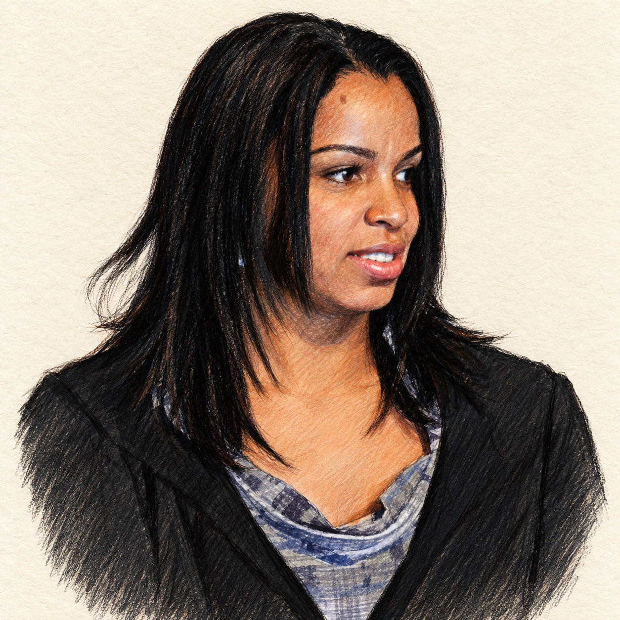 AI-generated pencil-and-ink drawing of Hélia Souza, based on a credited source photograph