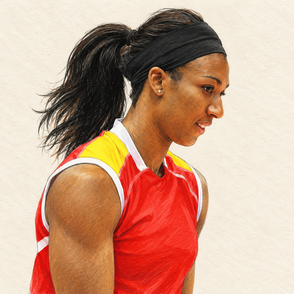 AI-generated pencil-and-ink drawing of Foluke Akinradewo, based on a credited source photograph
