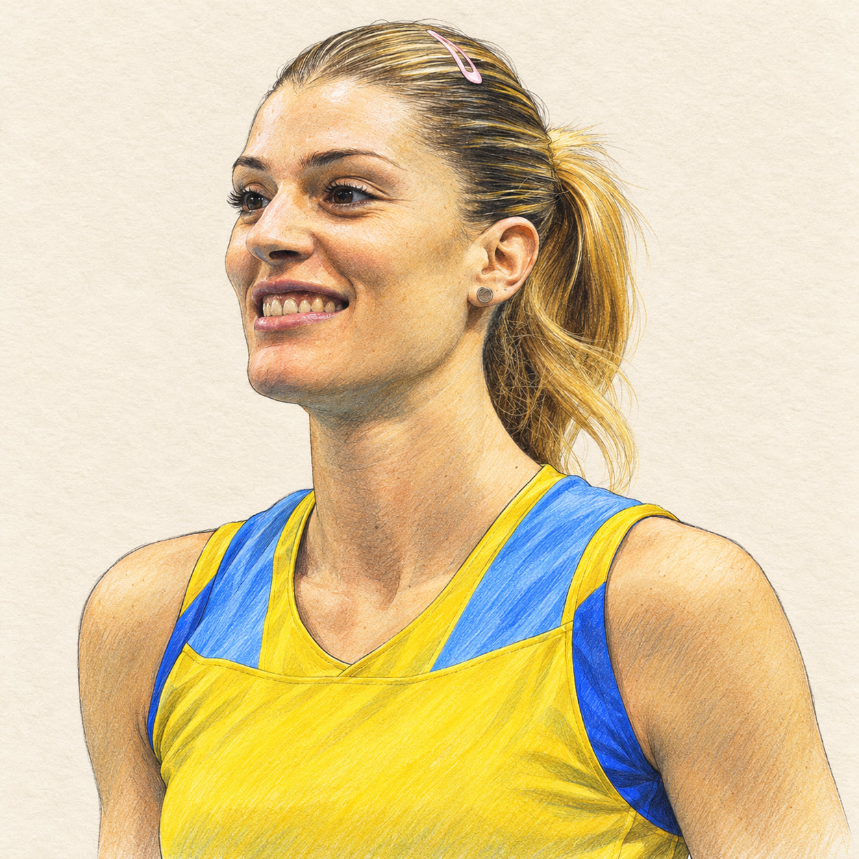 AI-generated pencil-and-ink drawing of Francesca Piccinini, based on a credited source photograph